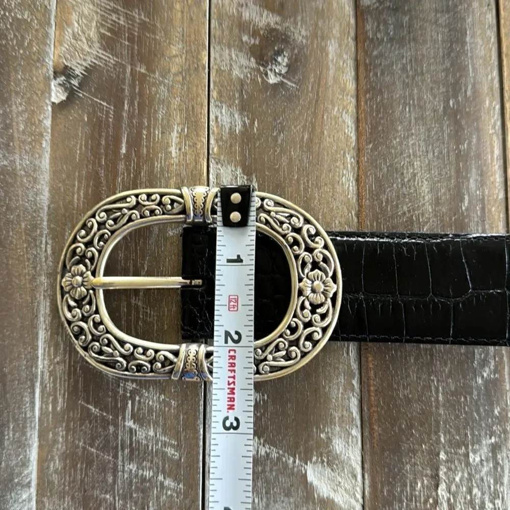Croc Embossed Black Leather Belt Oval Ornate Silver Tone Buckle Women’s Size XL